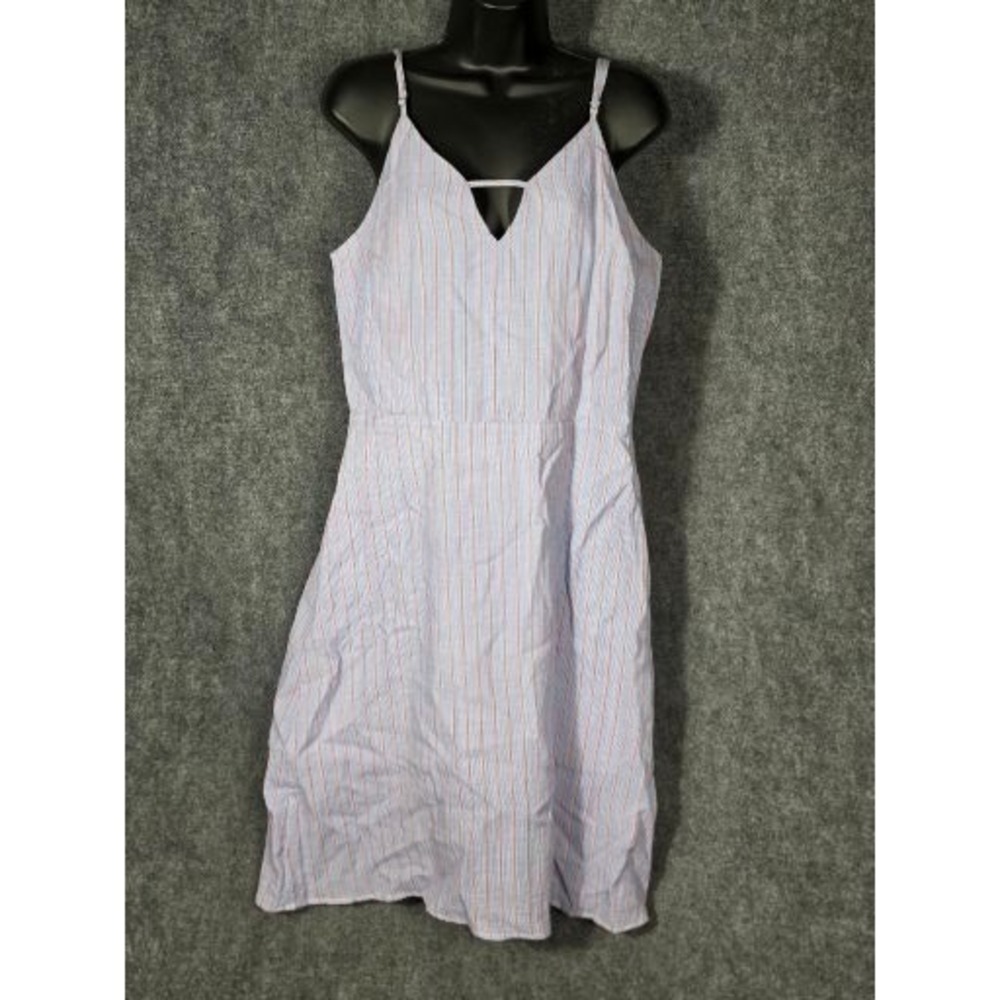 Gibson Latimer Striped V Neck Midi Dress Women Sz L Blue Red Cotton Lined Summer